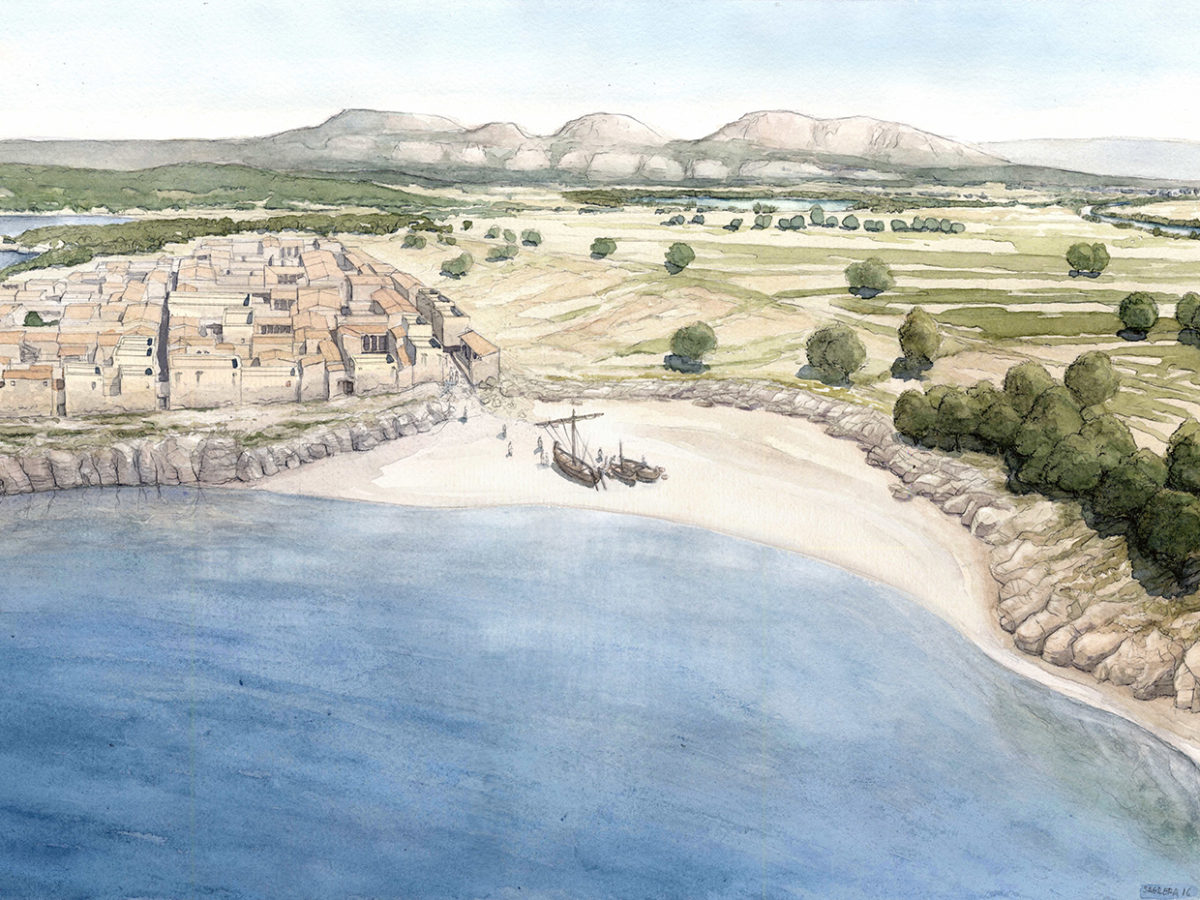 Dibuix de reconstrucció de la part nord de la ciutat grega i de la connexió amb la zona del port natural (autor: Jordi Sagrera).