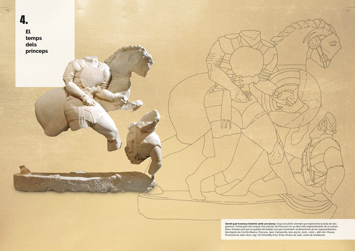Doble pàgina d’entrada al capítol 4. El temps dels prínceps, amb una imatge del conjunt d’escultures de Porcuna, Jaen. Museo Provincial de Jaen.