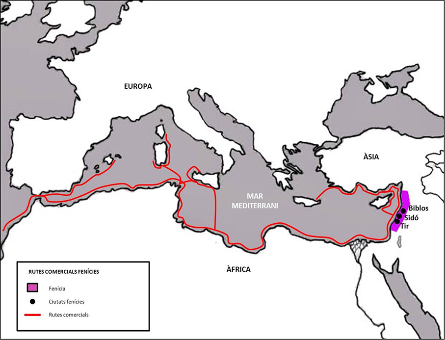 Figura 3. Mapa de les rutes comercials i ciutats fenícies. Wikimedia Commons. Disponible a: https://ca.wikipedia.org/wiki/Fenicis [Accés: 2/05/2021]